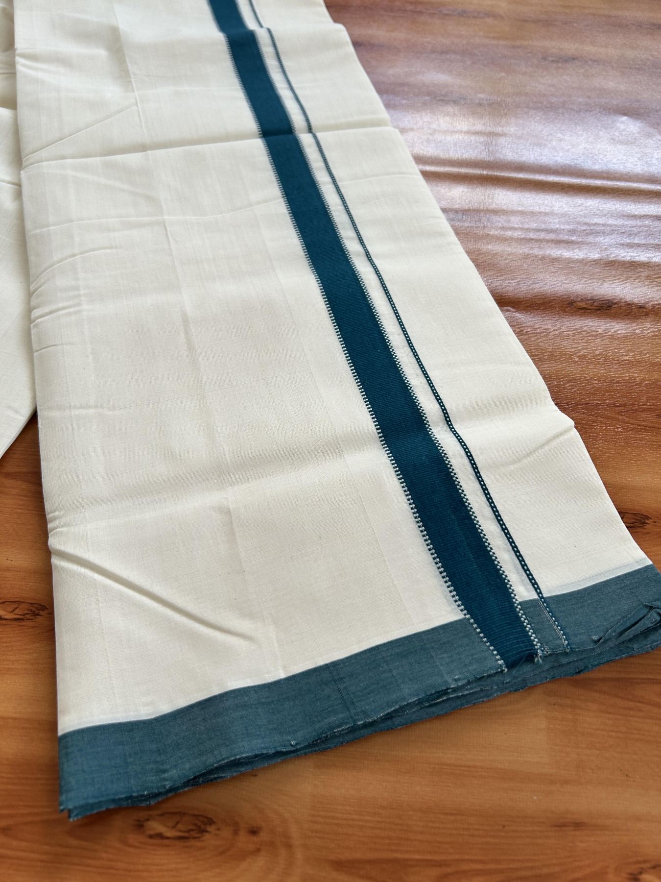 Double Off White (Unbleached) Mundu/Dhoti - 25% Discount!! KaithariKada Handloom Unakkupaav - Kerala Handloom - 100% Pure Cotton - 100x80 - 1 inch Dark Teal Green Designer Kara 4 meter (8.5 muzham) - 26 KK5436 REA