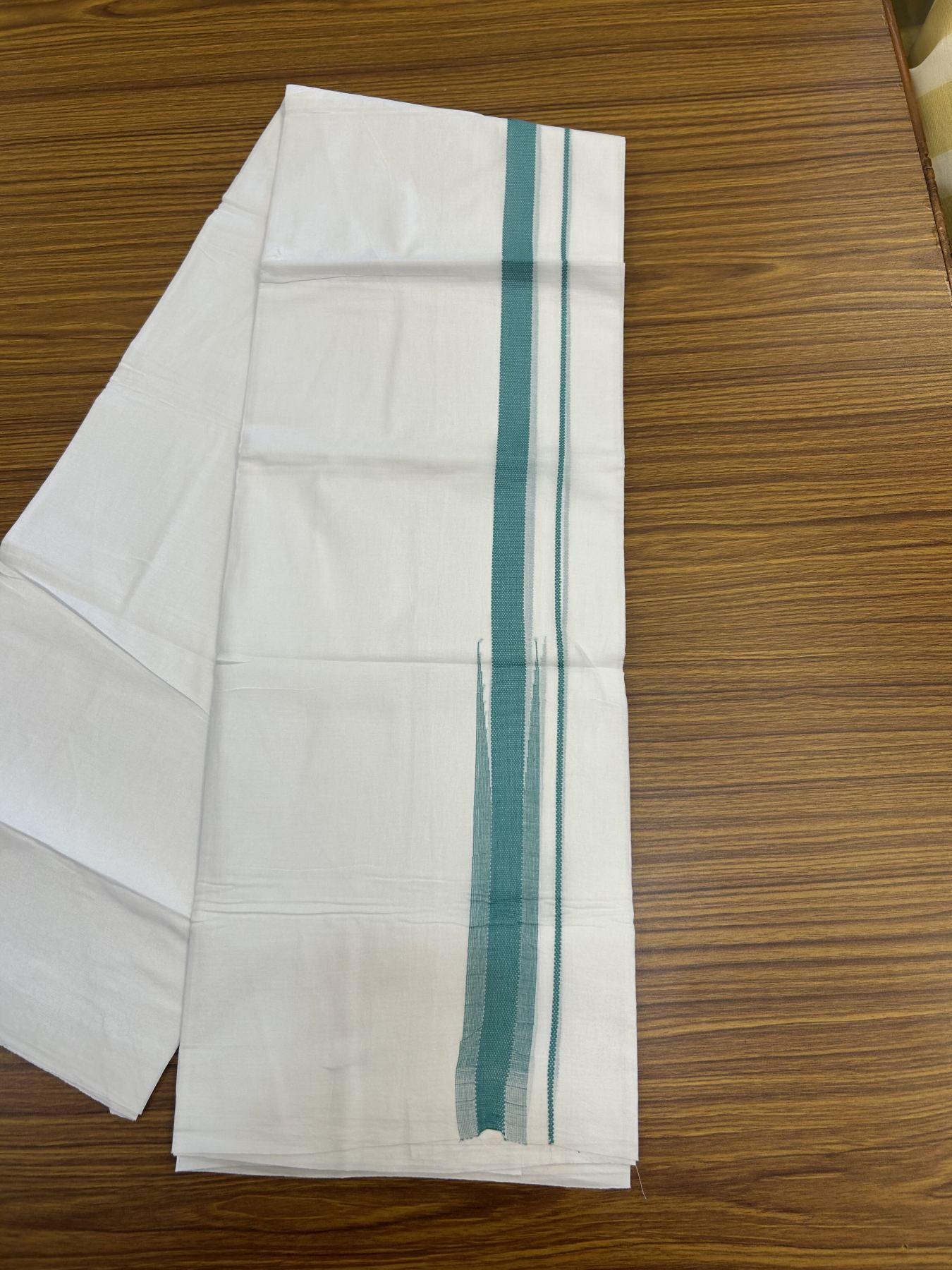 20% Discount ! Kaitharikada Balaramapuram 100% Cotton Pure White Double Mundu/Dothi - 100x80 - 0.75 inch Puliyilakkara Dark Cyan Striped Jacquard Chutty Kara 3.80 mtr (8 muzham) - 5 KK5334 THI
