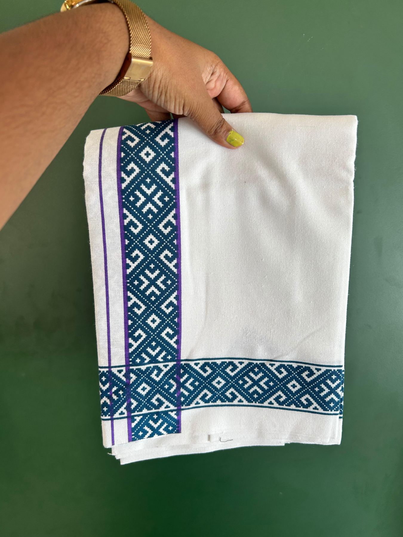 Single White Kerala Mund Polyster Mixed Cotton - (20s) - Kaily / Lungi - 2 inch Purple & Peacock Blue Printed Kara (2 meter / 4 muzham) - 13 KK8070 GAN