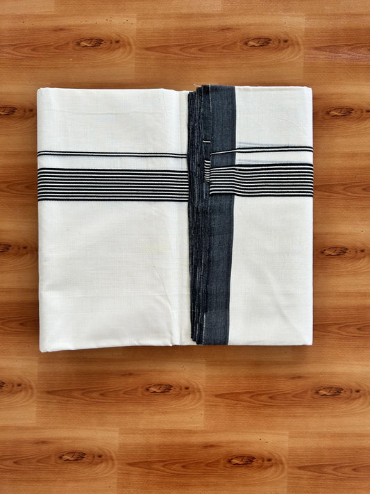 Double Off White (Unbleached) Mundu/Dhoti - 25% Discount!! KaithariKada Handloom Unakkupaav - Kerala Handloom - 100% Pure Cotton - 100x80 - 1.25 inch Black Striped Kara 4 meter (8.5 muzham) - 27 KK5436 REA