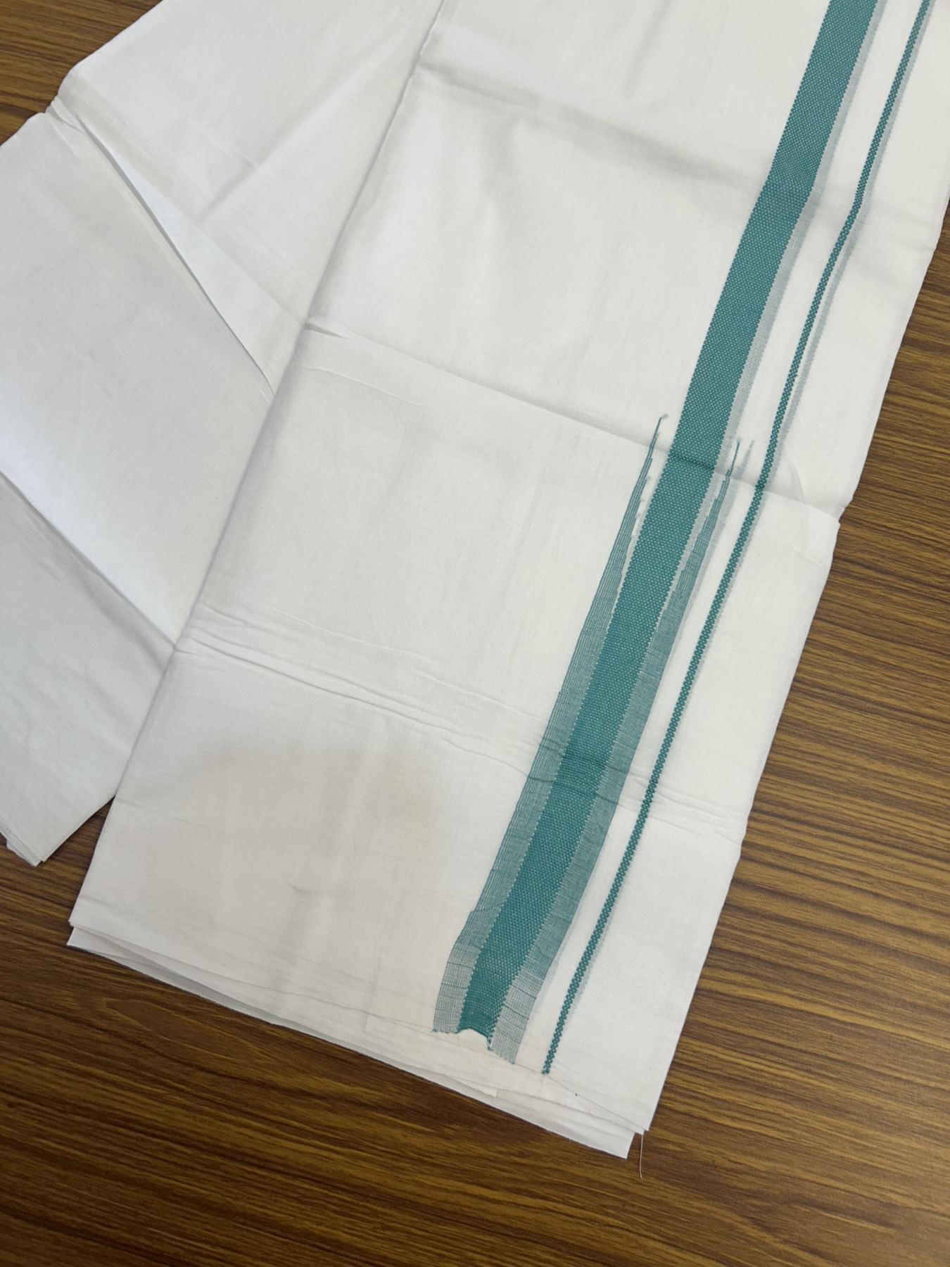 20% Discount ! Kaitharikada Balaramapuram 100% Cotton Pure White Double Mundu/Dothi - 100x80 - 0.75 inch Puliyilakkara Dark Cyan Striped Jacquard Chutty Kara 3.80 mtr (8 muzham) - 5 KK5334 THI