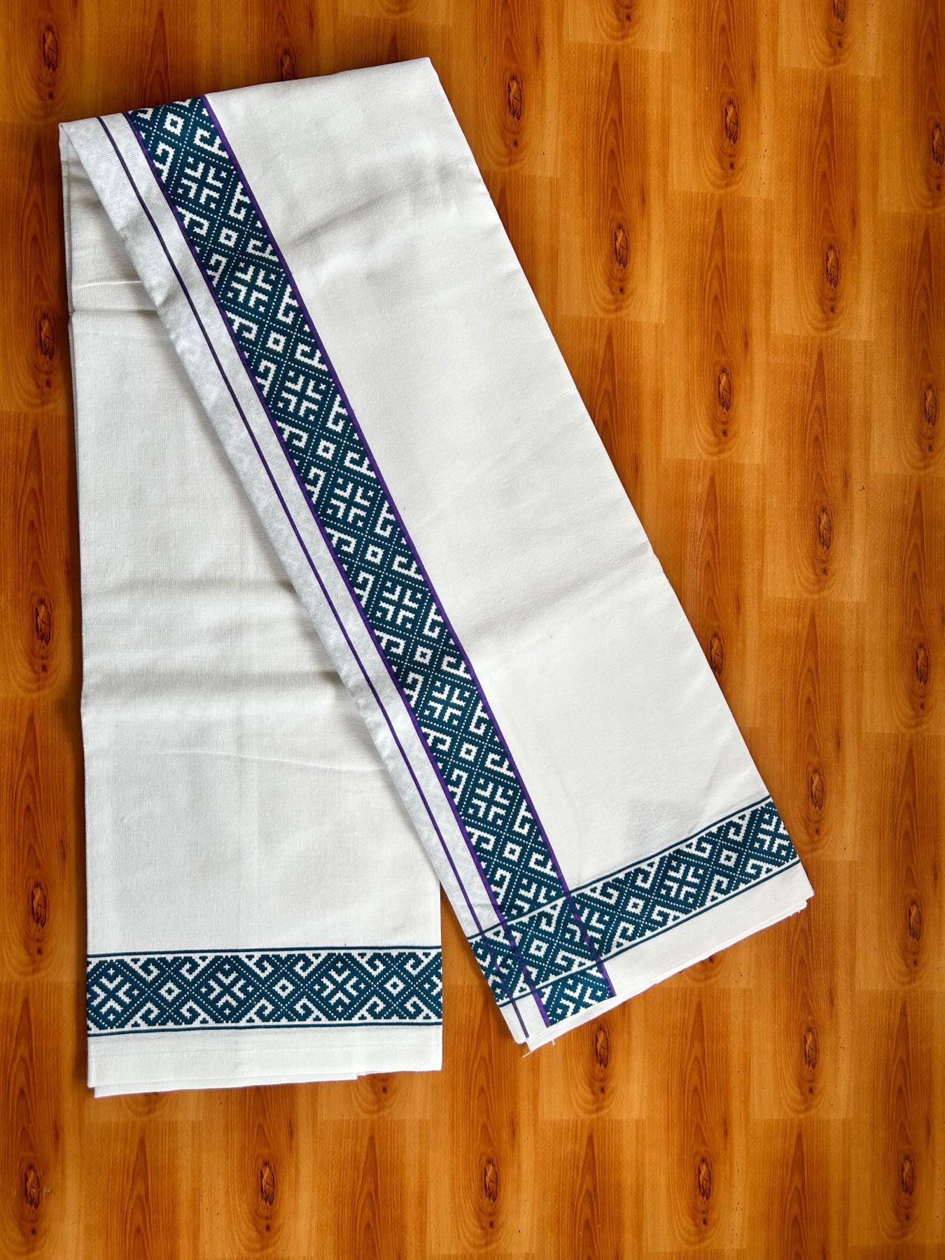Single White Kerala Mund Polyster Mixed Cotton - (20s) - Kaily / Lungi - 2 inch Purple & Peacock Blue Printed Kara (2 meter / 4 muzham) - 13 KK8070 GAN