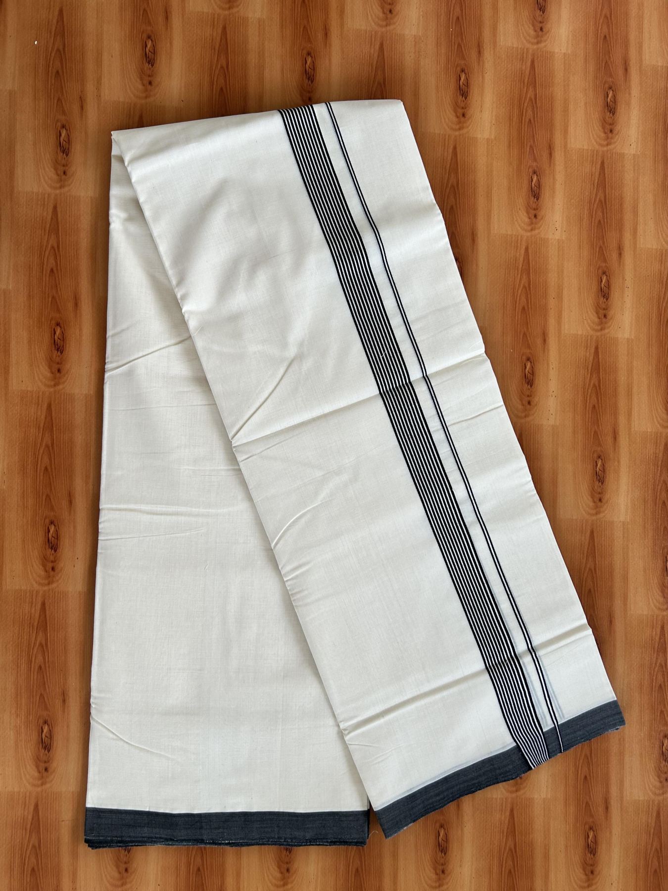 Double Off White (Unbleached) Mundu/Dhoti - 25% Discount!! KaithariKada Handloom Unakkupaav - Kerala Handloom - 100% Pure Cotton - 100x80 - 1.25 inch Black Striped Kara 4 meter (8.5 muzham) - 27 KK5436 REA