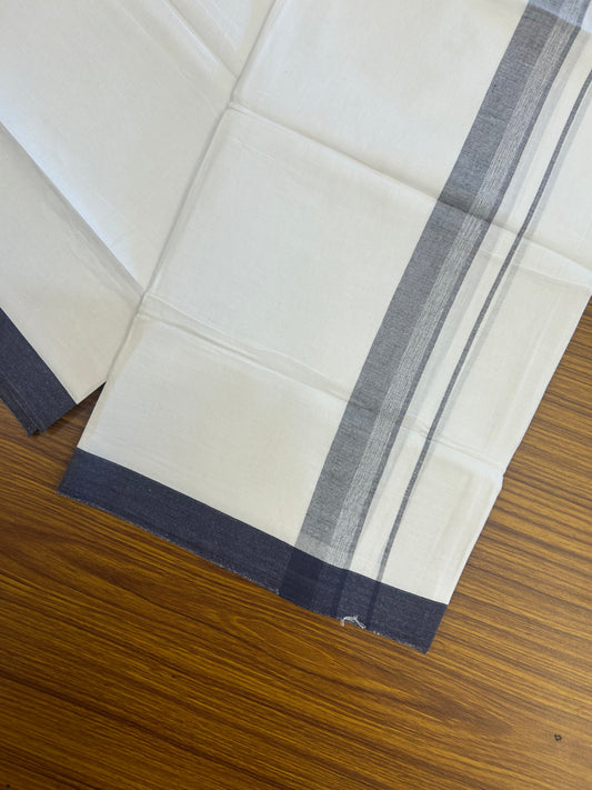KaithariKada Balaramapuram 100% Cotton Single Pure White Mundu/Dhoti - (40s) - 1.5 inch Navy Blue Shaded Stripes kara 2 mtr (4 muzham) - 65 KK5359 THI