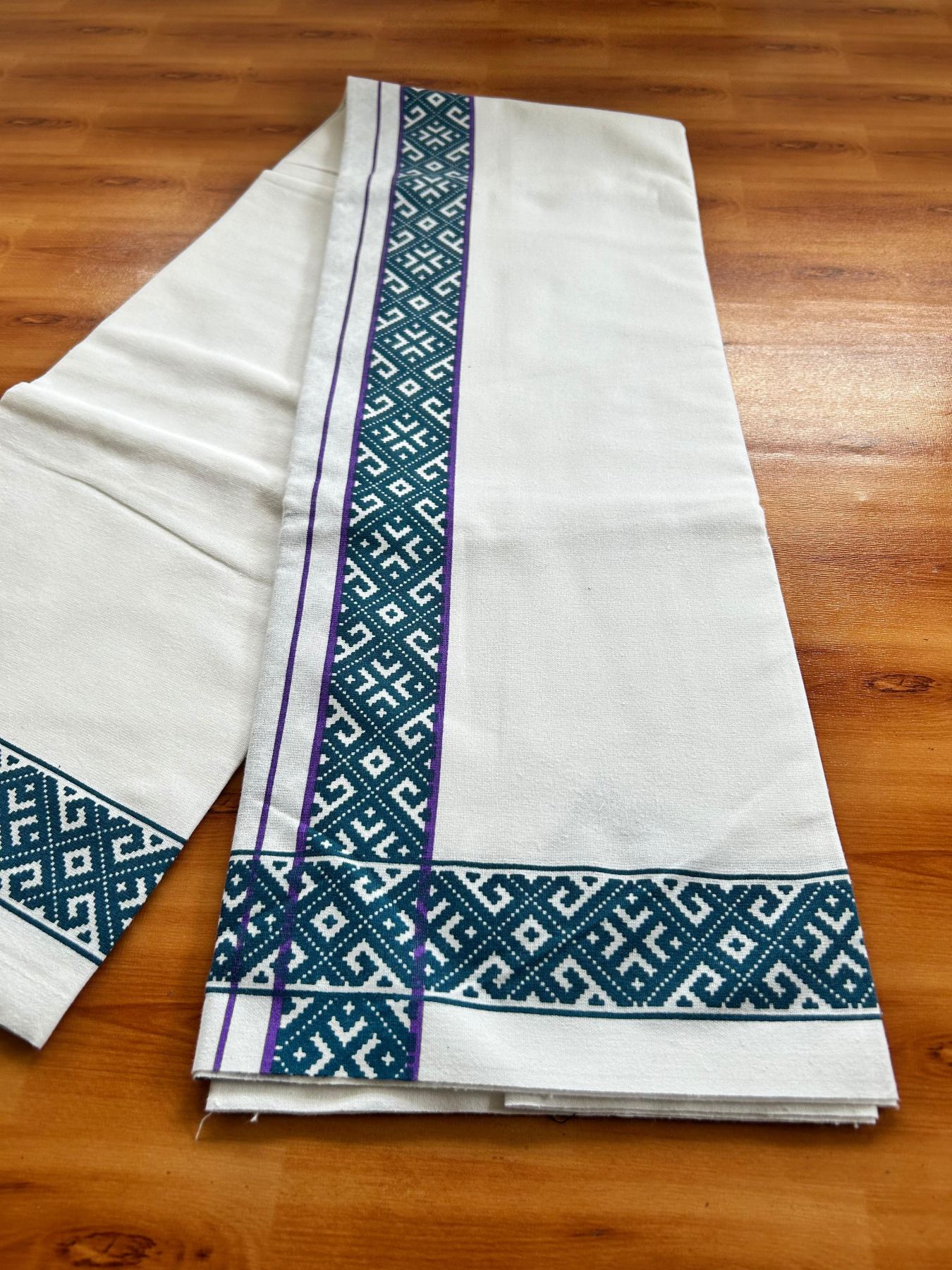 Single White Kerala Mund Polyster Mixed Cotton - (20s) - Kaily / Lungi - 2 inch Purple & Peacock Blue Printed Kara (2 meter / 4 muzham) - 13 KK8070 GAN