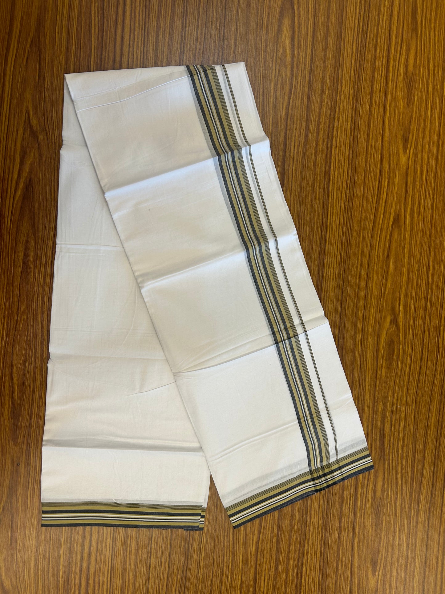 20% Discount ! Kaitharikada Balaramapuram 100% Cotton Pure White Double Mundu/Dothi - 100x80 - 1.25 inch Light Green & Black Shaded Striped Kara 3.80 mtr (8 muzham) - 11 KK5359 THI