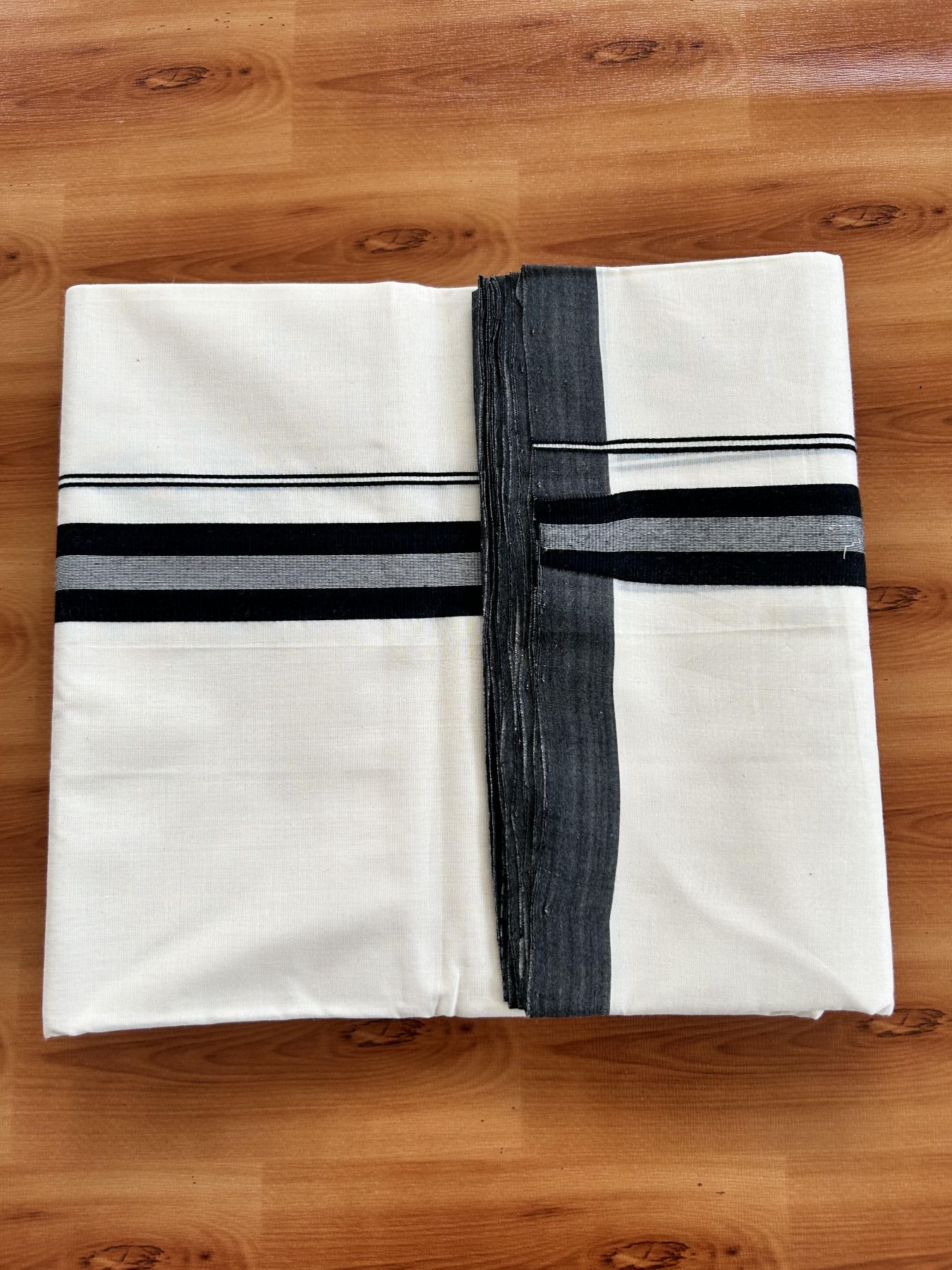 Double Off White (Unbleached) Mundu/Dhoti - 25% Discount!! KaithariKada Handloom Unakkupaav - Kerala Handloom - 100% Pure Cotton - 100x80 - 1.25 inch Black Striped Kara 4 meter (8.5 muzham) - 28 KK5436 REA