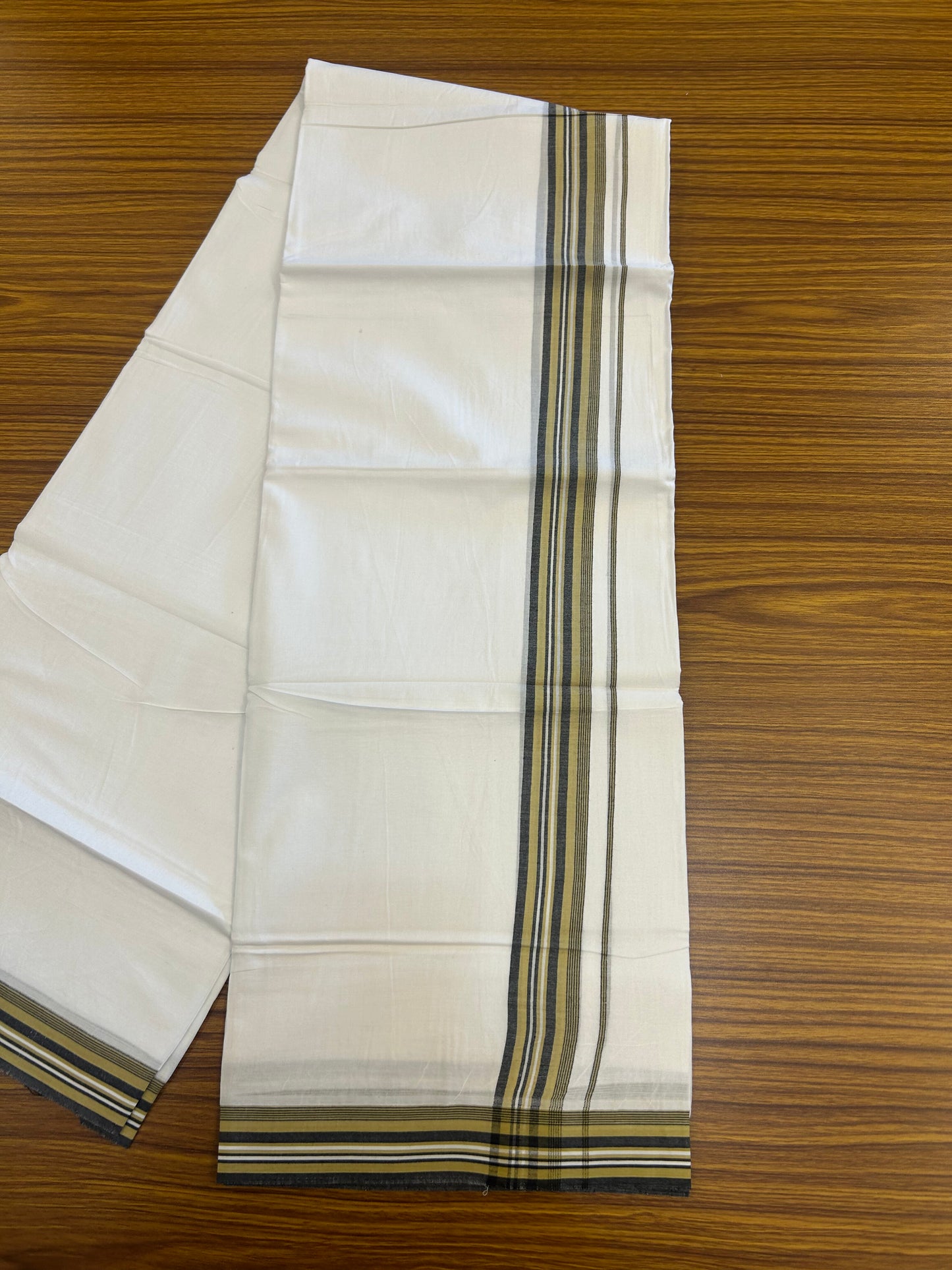 20% Discount ! Kaitharikada Balaramapuram 100% Cotton Pure White Double Mundu/Dothi - 100x80 - 1.25 inch Light Green & Black Shaded Striped Kara 3.80 mtr (8 muzham) - 11 KK5359 THI