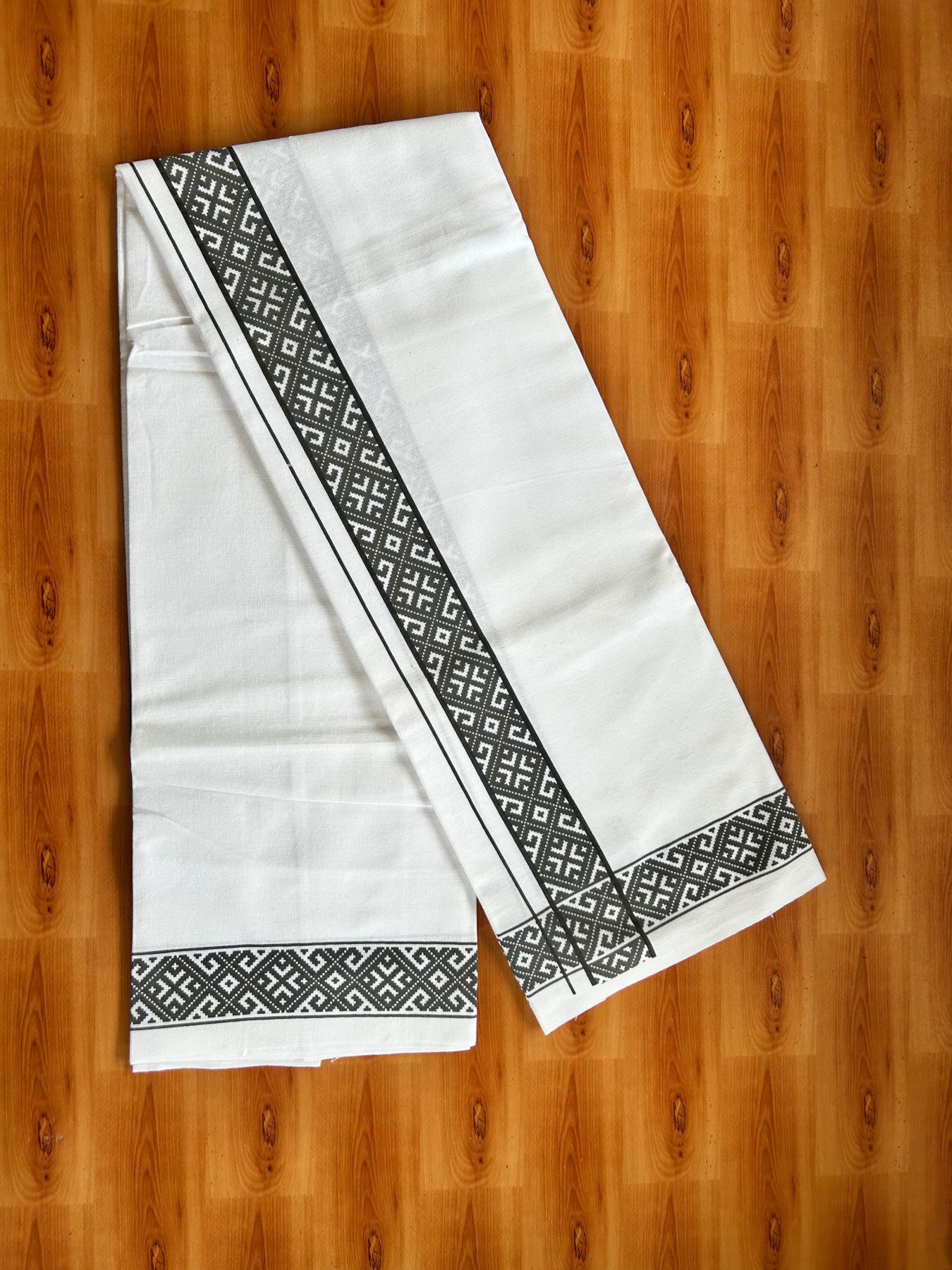 Single White Kerala Mund Polyster Mixed Cotton - (20s) - Kaily / Lungi - 2 inch Grey Printed Kara (2 meter / 4 muzham) - 11 KK8070 GAN