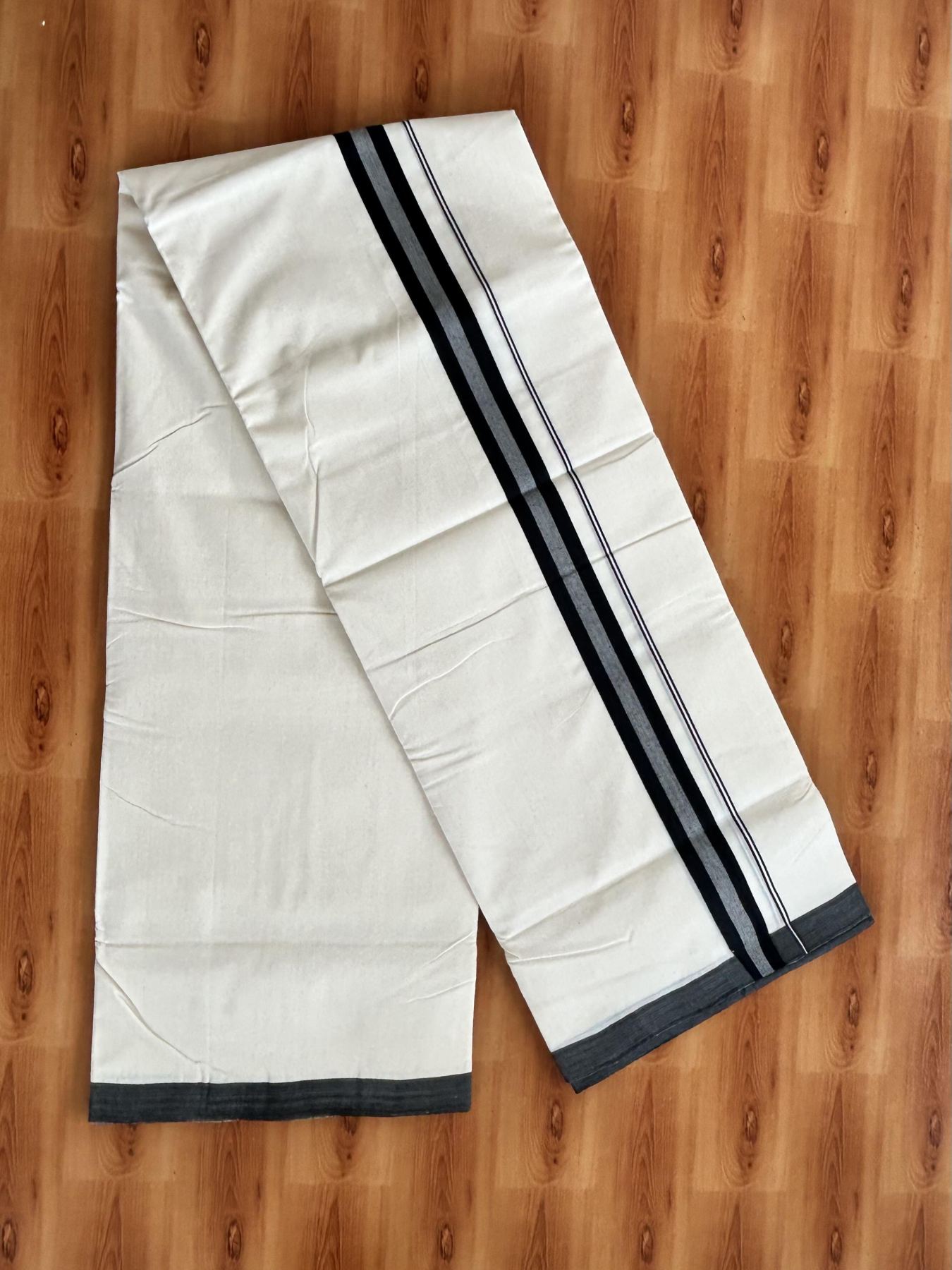 Double Off White (Unbleached) Mundu/Dhoti - 25% Discount!! KaithariKada Handloom Unakkupaav - Kerala Handloom - 100% Pure Cotton - 100x80 - 1.25 inch Black Striped Kara 4 meter (8.5 muzham) - 28 KK5436 REA