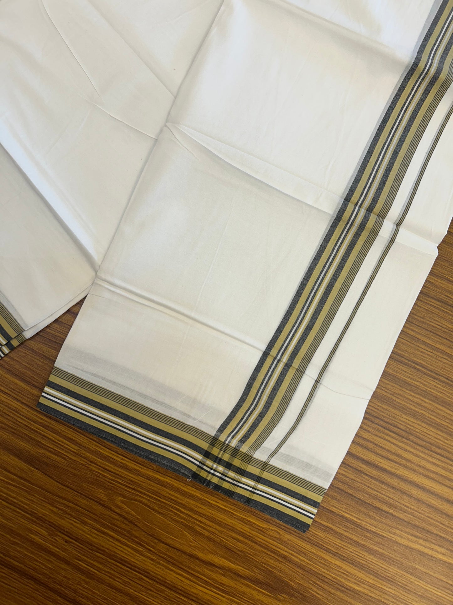 20% Discount ! Kaitharikada Balaramapuram 100% Cotton Pure White Double Mundu/Dothi - 100x80 - 1.25 inch Light Green & Black Shaded Striped Kara 3.80 mtr (8 muzham) - 11 KK5359 THI