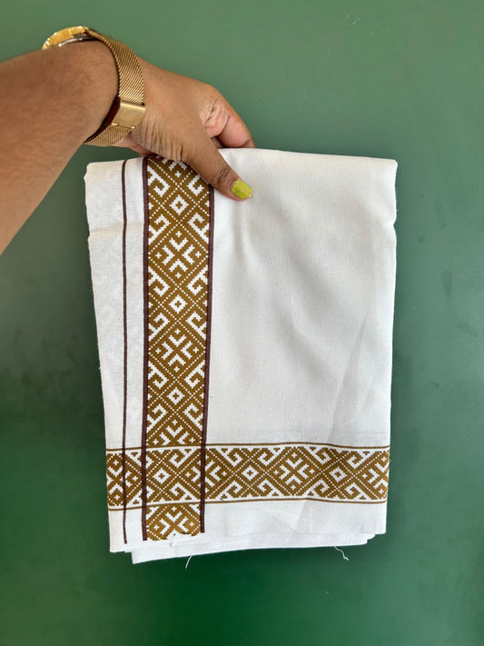 Single White Kerala Mund Polyster Mixed Cotton - (20s) - Kaily / Lungi - 2 inch Brown & Cinnamon Brown Printed Kara (2 meter / 4 muzham) - 17 KK8070 GAN