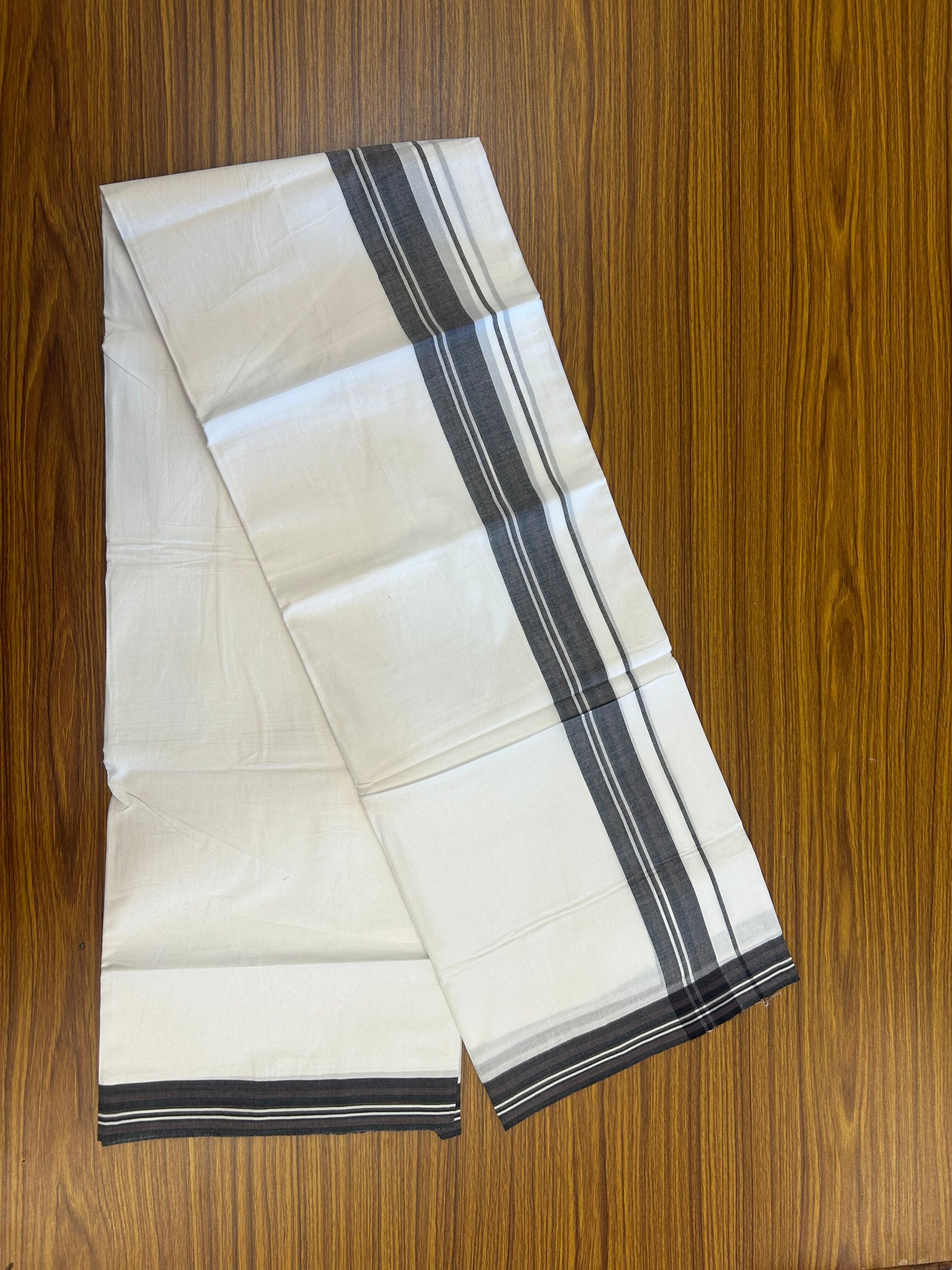 20% Discount ! Kaitharikada Balaramapuram 100% Cotton Pure White Double Mundu/Dothi - 100x80 - 1.5 inch Purplish Brown & Black Shaded Striped Kara 3.80 mtr (8 muzham) - 9 KK5359 THI