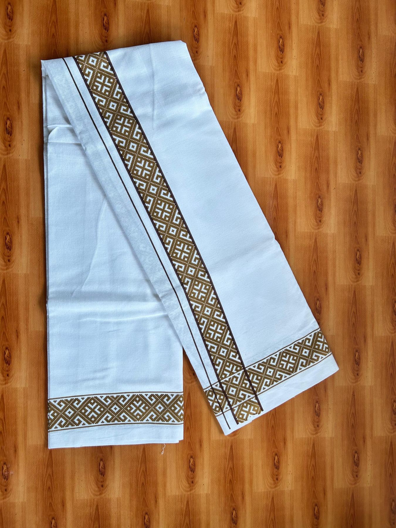 Single White Kerala Mund Polyster Mixed Cotton - (20s) - Kaily / Lungi - 2 inch Brown & Cinnamon Brown Printed Kara (2 meter / 4 muzham) - 17 KK8070 GAN