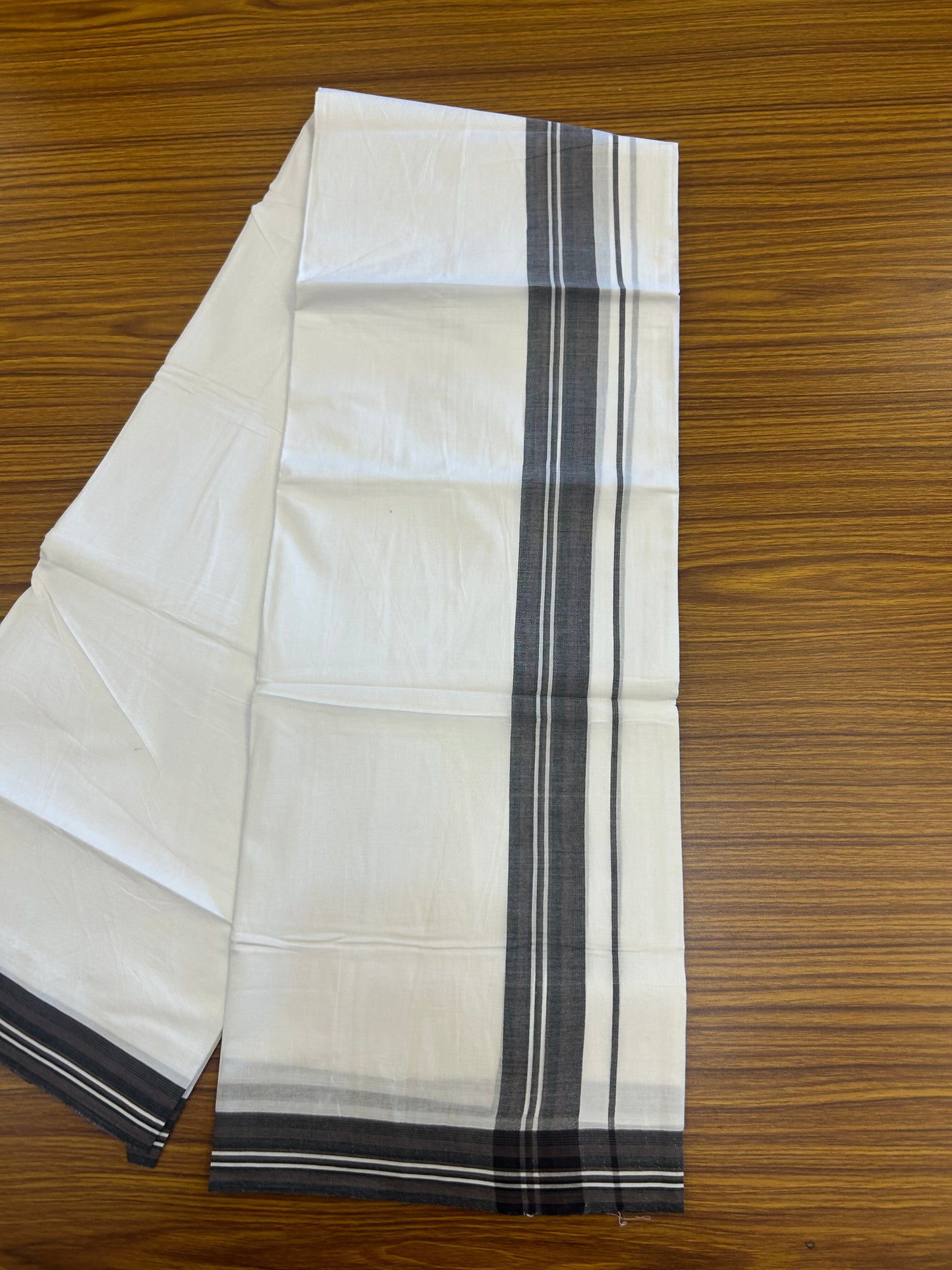 20% Discount ! Kaitharikada Balaramapuram 100% Cotton Pure White Double Mundu/Dothi - 100x80 - 1.5 inch Purplish Brown & Black Shaded Striped Kara 3.80 mtr (8 muzham) - 9 KK5359 THI