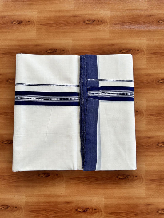 Double Off White (Unbleached) Mundu/Dhoti - 25% Discount!! KaithariKada Handloom Unakkupaav - Kerala Handloom - 100% Pure Cotton - 100x80 - 1.25 inch Navy Blue Striped Designer Kara 4 meter (8.5 muzham) - 29 KK5436 REA