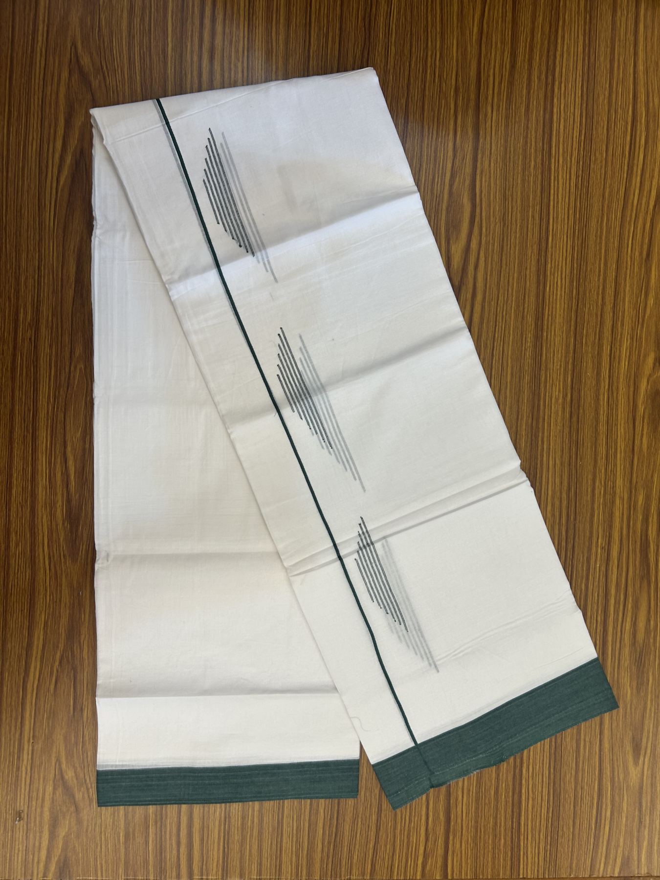 20% Discount ! Kaitharikada Balaramapuram 100% Cotton Pure White Double Mundu/Dothi - 100x80 - 1 inch Green Stripes Jacquard Design Kara 3.80 mtr (8 muzham) - 6 KK5334 THI