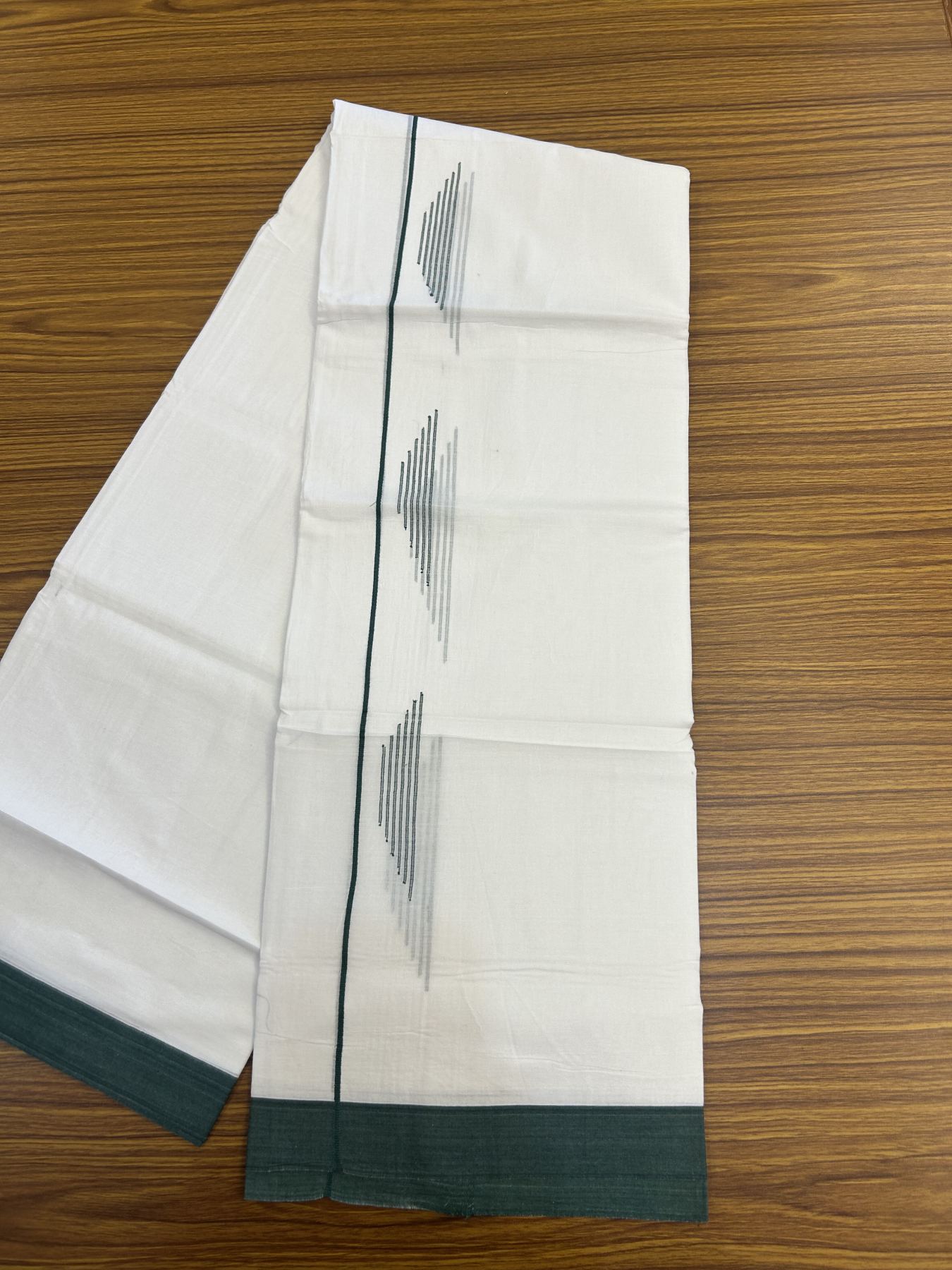 20% Discount ! Kaitharikada Balaramapuram 100% Cotton Pure White Double Mundu/Dothi - 100x80 - 1 inch Green Stripes Jacquard Design Kara 3.80 mtr (8 muzham) - 6 KK5334 THI