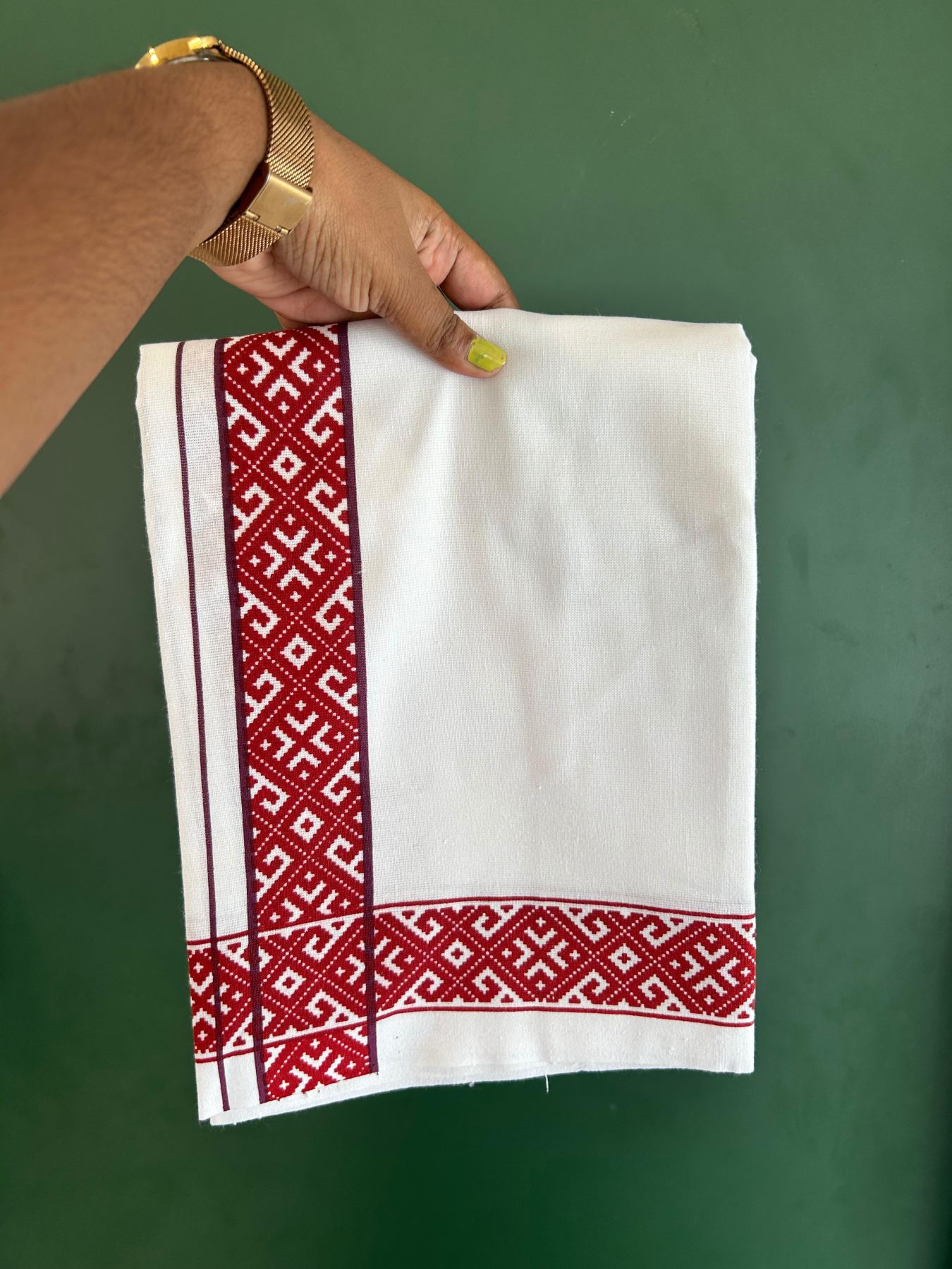 Single White Kerala Mund Polyster Mixed Cotton - (20s) - Kaily / Lungi - 2 inch Purple & Red Printed Kara (2 meter / 4 muzham) - 14 KK8070 GAN