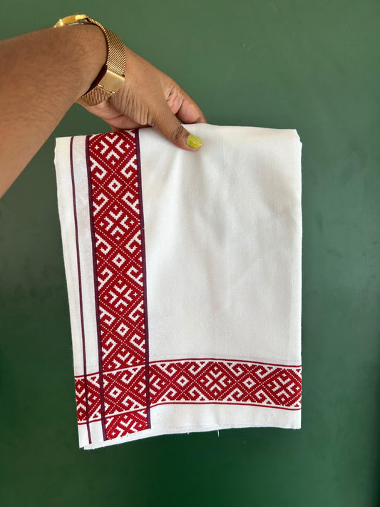 Single White Kerala Mund Polyster Mixed Cotton - (20s) - Kaily / Lungi - 2 inch Purple & Red Printed Kara (2 meter / 4 muzham) - 14 KK8070 GAN