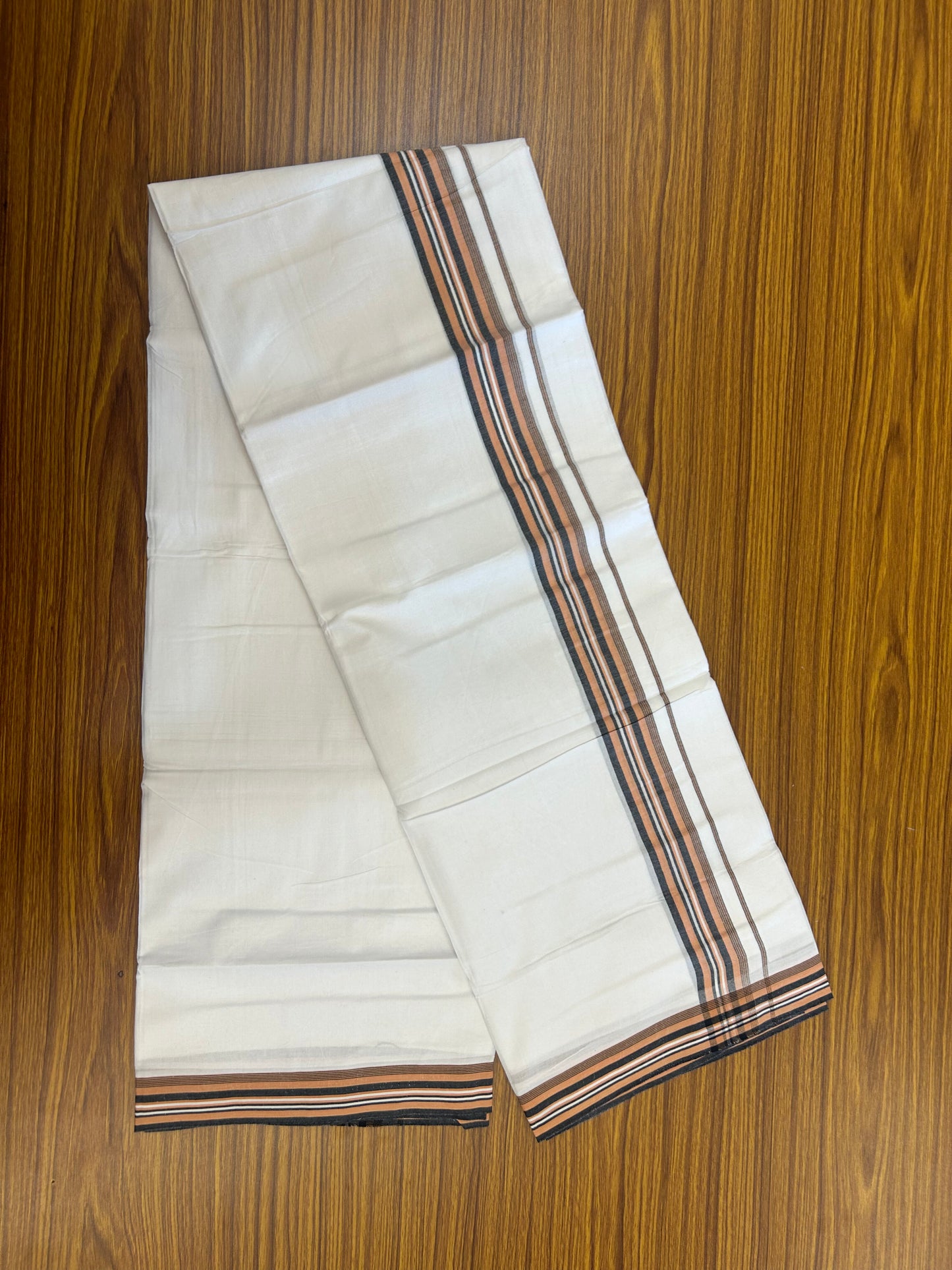 20% Discount ! Kaitharikada Balaramapuram 100% Cotton Pure White Double Mundu/Dothi - 100x80 - 1.5 inch Orange & Black Shaded Striped Kara 3.80 mtr (8 muzham) - 17 KK5359 THI