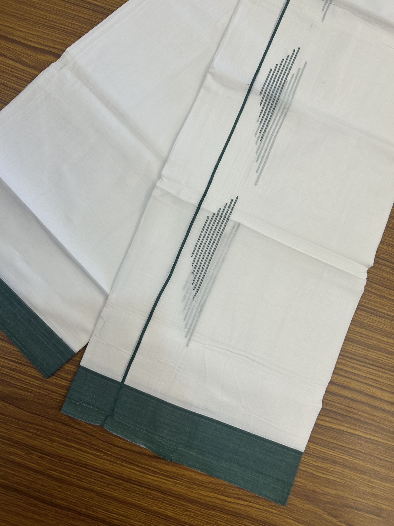 20% Discount ! Kaitharikada Balaramapuram 100% Cotton Pure White Double Mundu/Dothi - 100x80 - 1 inch Green Stripes Jacquard Design Kara 3.80 mtr (8 muzham) - 6 KK5334 THI