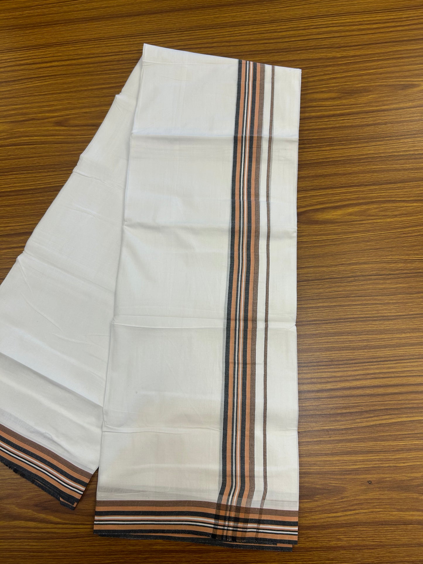20% Discount ! Kaitharikada Balaramapuram 100% Cotton Pure White Double Mundu/Dothi - 100x80 - 1.5 inch Orange & Black Shaded Striped Kara 3.80 mtr (8 muzham) - 17 KK5359 THI