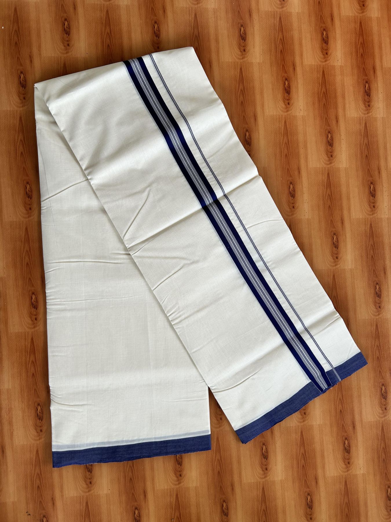 Double Off White (Unbleached) Mundu/Dhoti - 25% Discount!! KaithariKada Handloom Unakkupaav - Kerala Handloom - 100% Pure Cotton - 100x80 - 1.25 inch Navy Blue Striped Designer Kara 4 meter (8.5 muzham) - 29 KK5436 REA