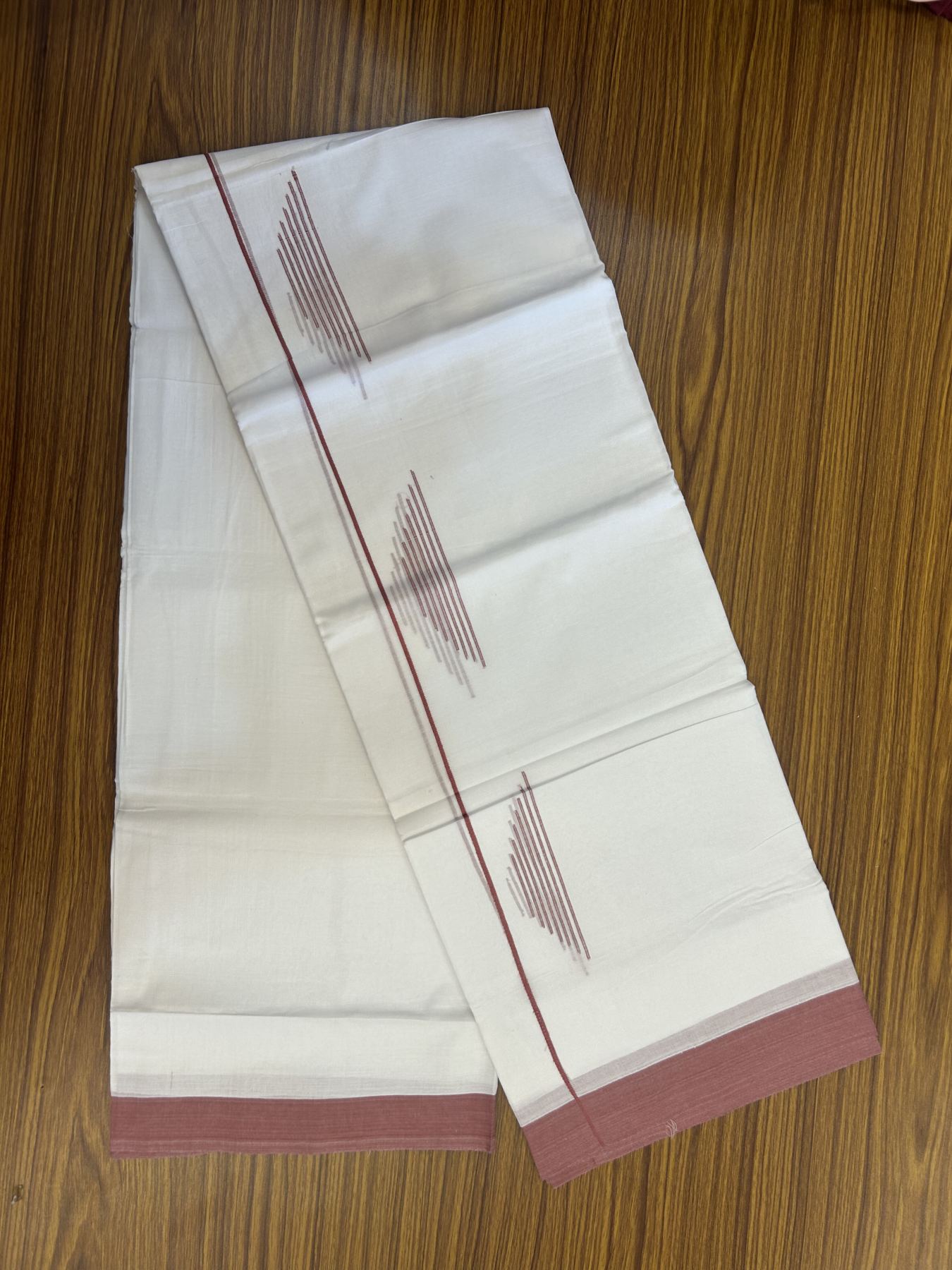 20% Discount ! Kaitharikada Balaramapuram 100% Cotton Pure White Double Mundu/Dothi - 100x80 - 1 inch Dusty Pink Stripes Jacquard Design Kara 3.80 mtr (8 muzham) - 7 KK5334 THI