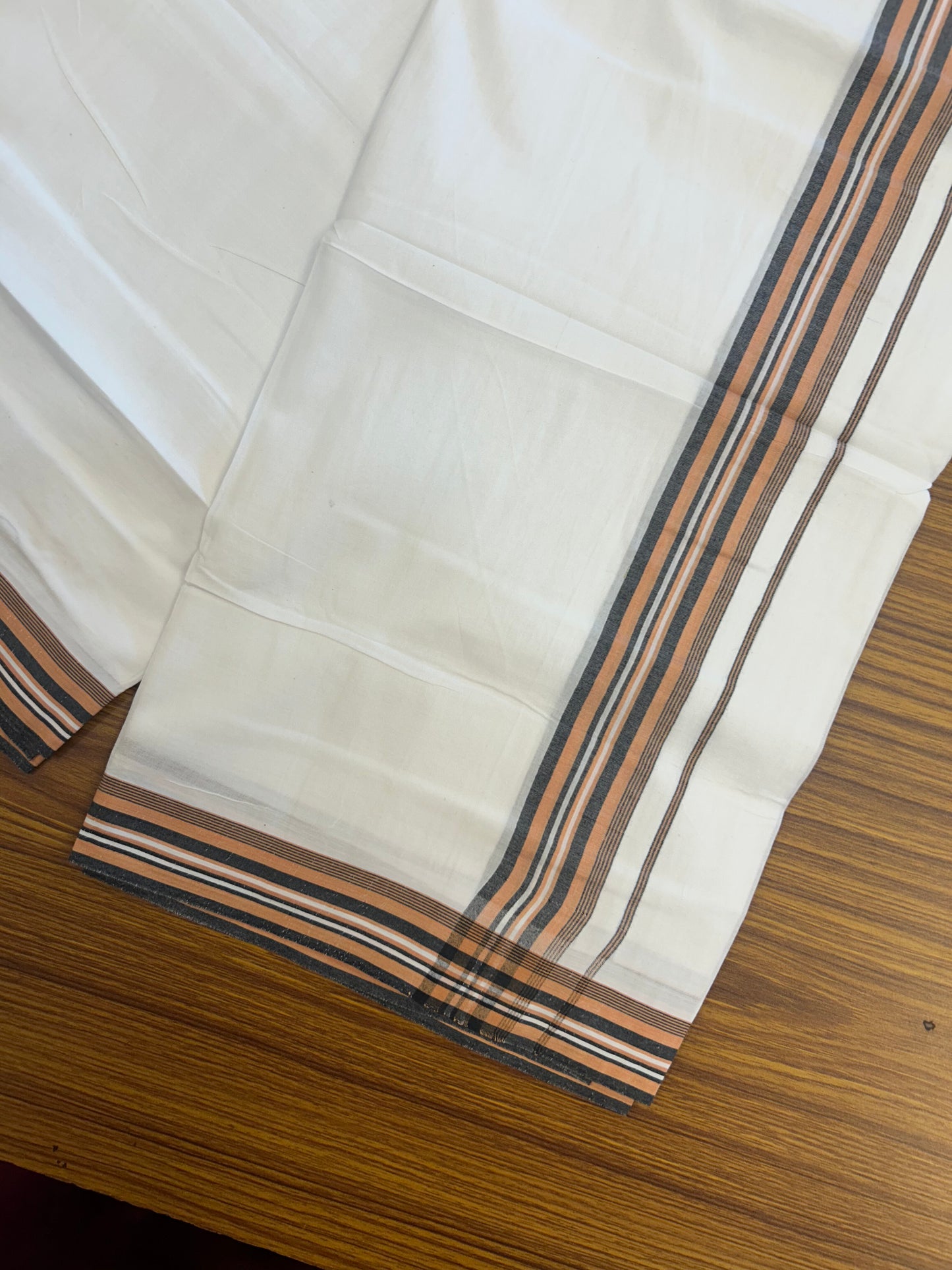 20% Discount ! Kaitharikada Balaramapuram 100% Cotton Pure White Double Mundu/Dothi - 100x80 - 1.5 inch Orange & Black Shaded Striped Kara 3.80 mtr (8 muzham) - 17 KK5359 THI