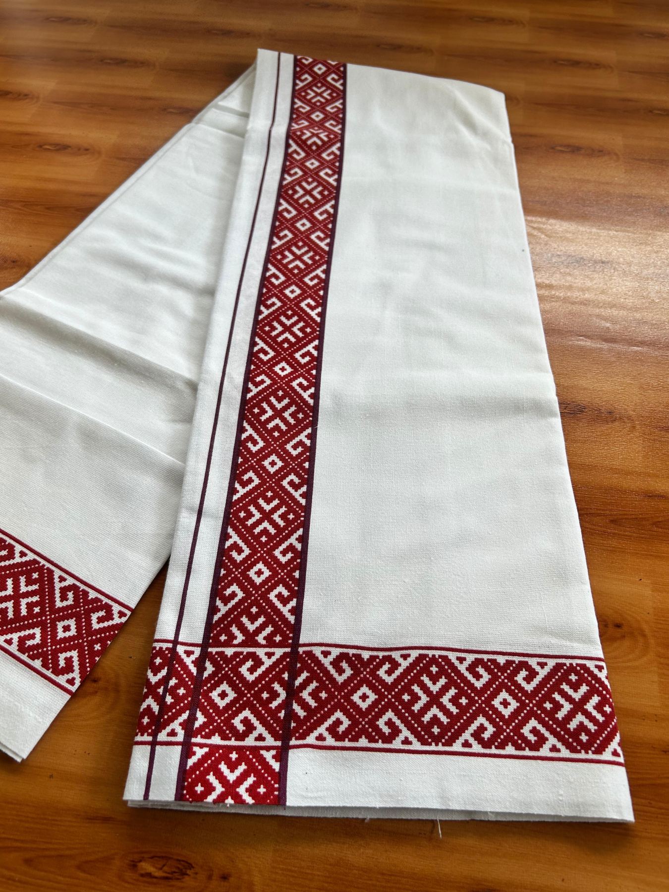 Single White Kerala Mund Polyster Mixed Cotton - (20s) - Kaily / Lungi - 2 inch Purple & Red Printed Kara (2 meter / 4 muzham) - 14 KK8070 GAN