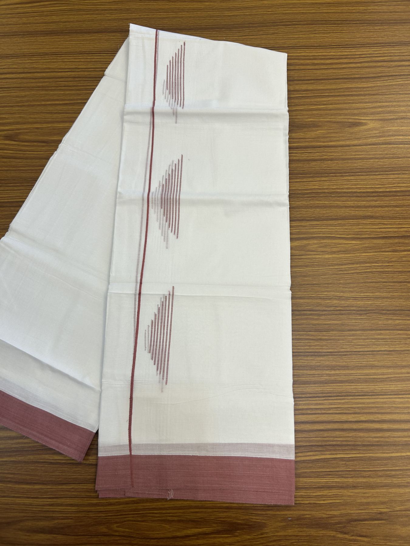 20% Discount ! Kaitharikada Balaramapuram 100% Cotton Pure White Double Mundu/Dothi - 100x80 - 1 inch Dusty Pink Stripes Jacquard Design Kara 3.80 mtr (8 muzham) - 7 KK5334 THI