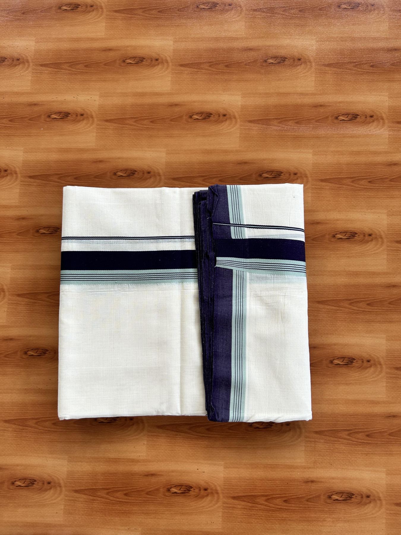 Double Off White (Unbleached) Mundu/Dhoti - 25% Discount!! KaithariKada Handloom Unakkupaav - Kerala Handloom - 100% Pure Cotton - 100x80 - 1.5 inch Navy Blue & Celadon Green Striped Kara 4 meter (8.5 muzham) - 30 KK5436 REA