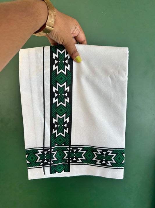 Single White Kerala Mund Polyster Mixed Cotton - (20s) - Kaily / Lungi - 2 inch Dark Green Printed Kara (2 meter / 4 muzham) - 6 KK8070 GAN