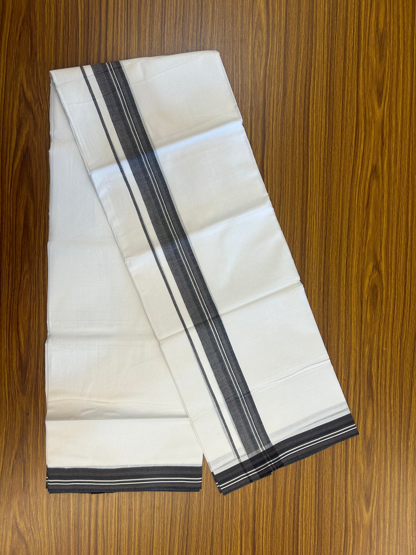 20% Discount ! Kaitharikada Balaramapuram 100% Cotton Pure White Double Mundu/Dothi - 100x80 - 1.5 inch Purplish Brown & Black Shaded Striped Kara 3.80 mtr (8 muzham) - 8 KK5359 THI