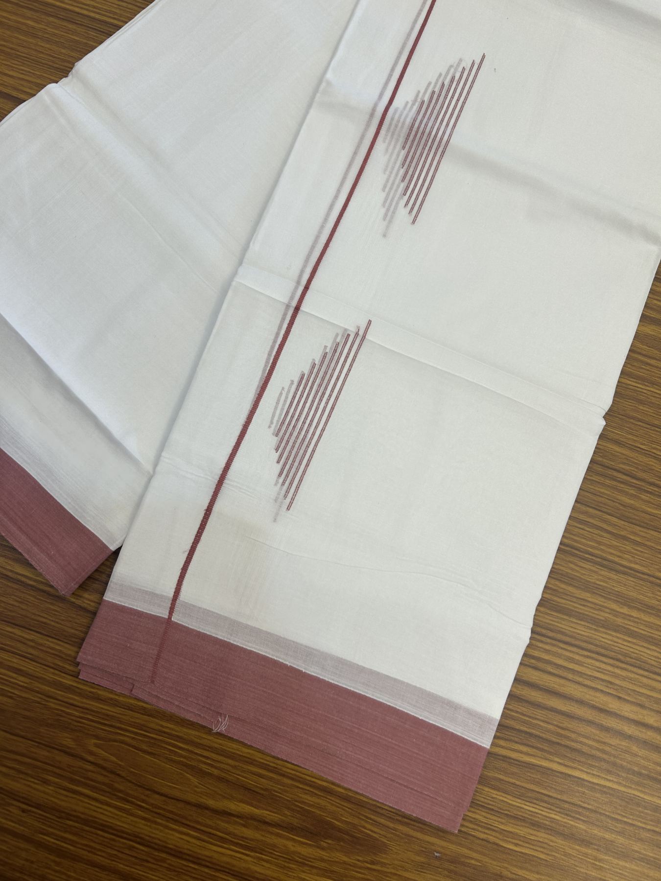 20% Discount ! Kaitharikada Balaramapuram 100% Cotton Pure White Double Mundu/Dothi - 100x80 - 1 inch Dusty Pink Stripes Jacquard Design Kara 3.80 mtr (8 muzham) - 7 KK5334 THI