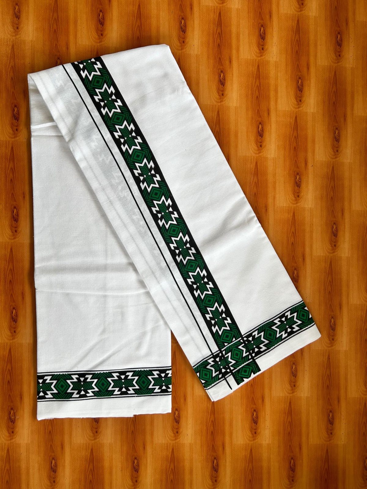 Single White Kerala Mund Polyster Mixed Cotton - (20s) - Kaily / Lungi - 2 inch Dark Green Printed Kara (2 meter / 4 muzham) - 6 KK8070 GAN