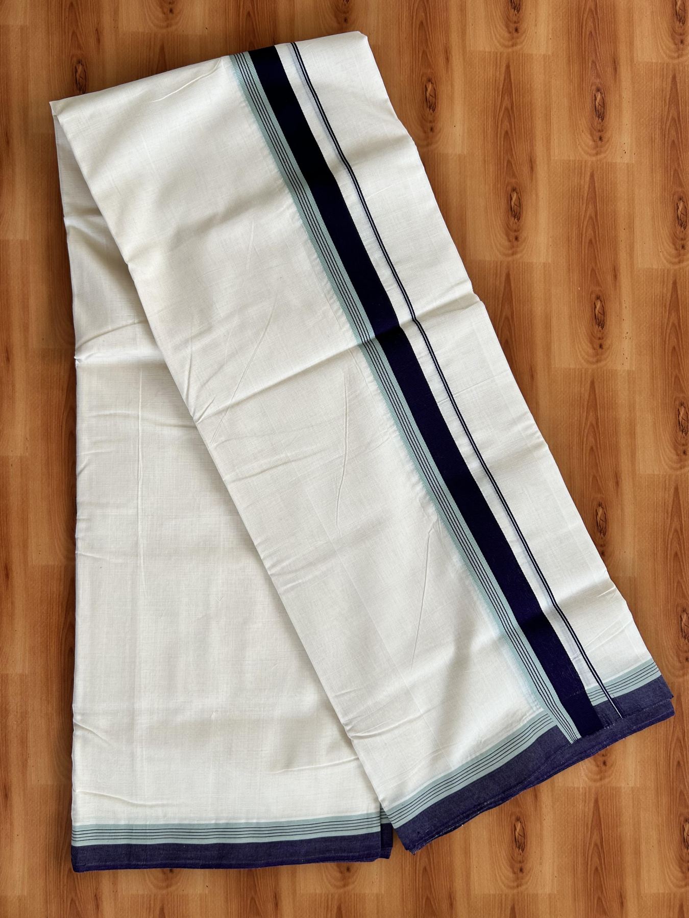Double Off White (Unbleached) Mundu/Dhoti - 25% Discount!! KaithariKada Handloom Unakkupaav - Kerala Handloom - 100% Pure Cotton - 100x80 - 1.5 inch Navy Blue & Celadon Green Striped Kara 4 meter (8.5 muzham) - 30 KK5436 REA