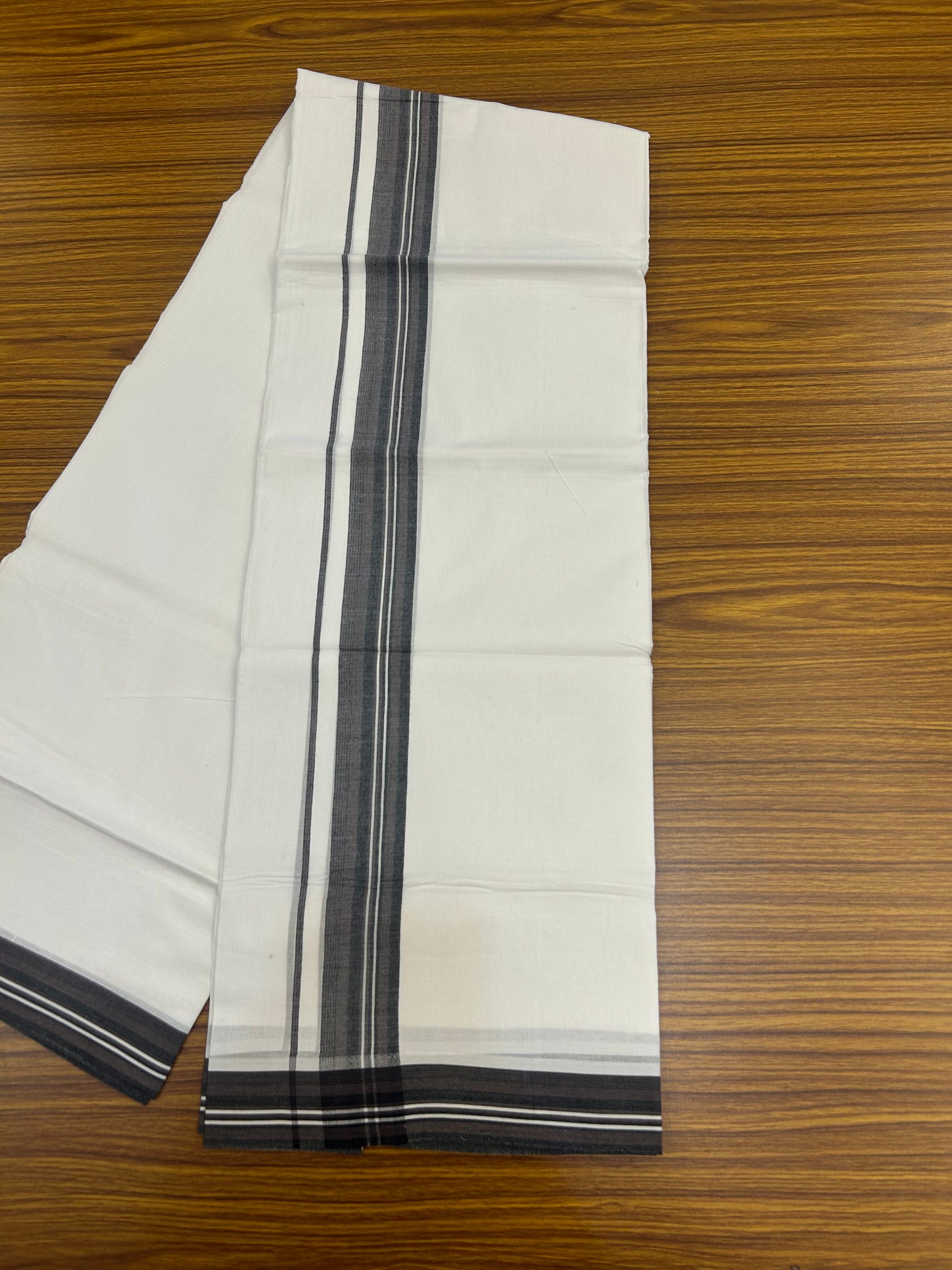 20% Discount ! Kaitharikada Balaramapuram 100% Cotton Pure White Double Mundu/Dothi - 100x80 - 1.5 inch Purplish Brown & Black Shaded Striped Kara 3.80 mtr (8 muzham) - 8 KK5359 THI