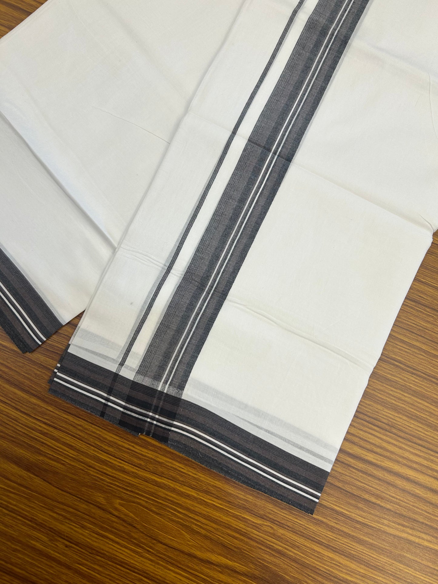 20% Discount ! Kaitharikada Balaramapuram 100% Cotton Pure White Double Mundu/Dothi - 100x80 - 1.5 inch Purplish Brown & Black Shaded Striped Kara 3.80 mtr (8 muzham) - 8 KK5359 THI