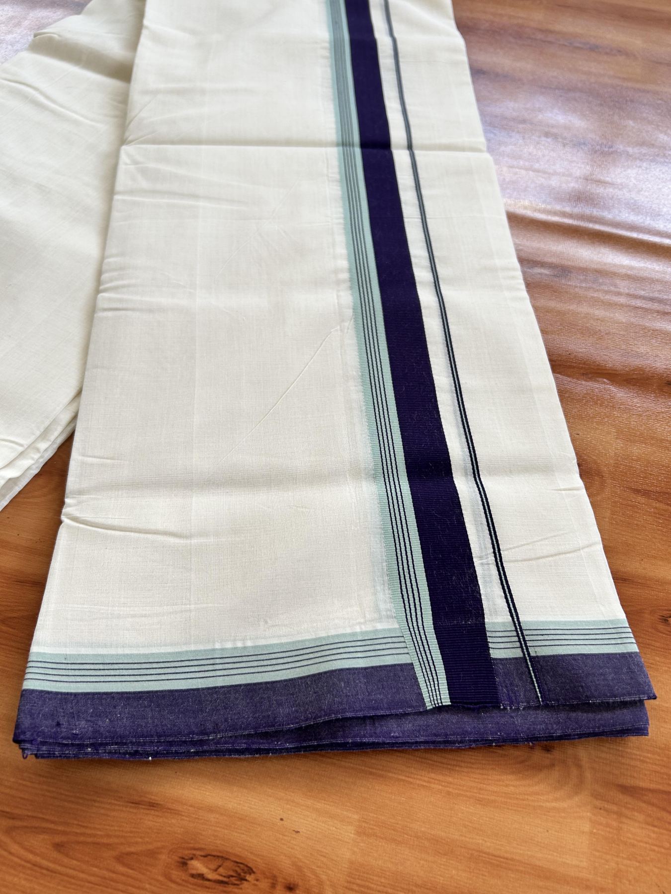 Double Off White (Unbleached) Mundu/Dhoti - 25% Discount!! KaithariKada Handloom Unakkupaav - Kerala Handloom - 100% Pure Cotton - 100x80 - 1.5 inch Navy Blue & Celadon Green Striped Kara 4 meter (8.5 muzham) - 30 KK5436 REA