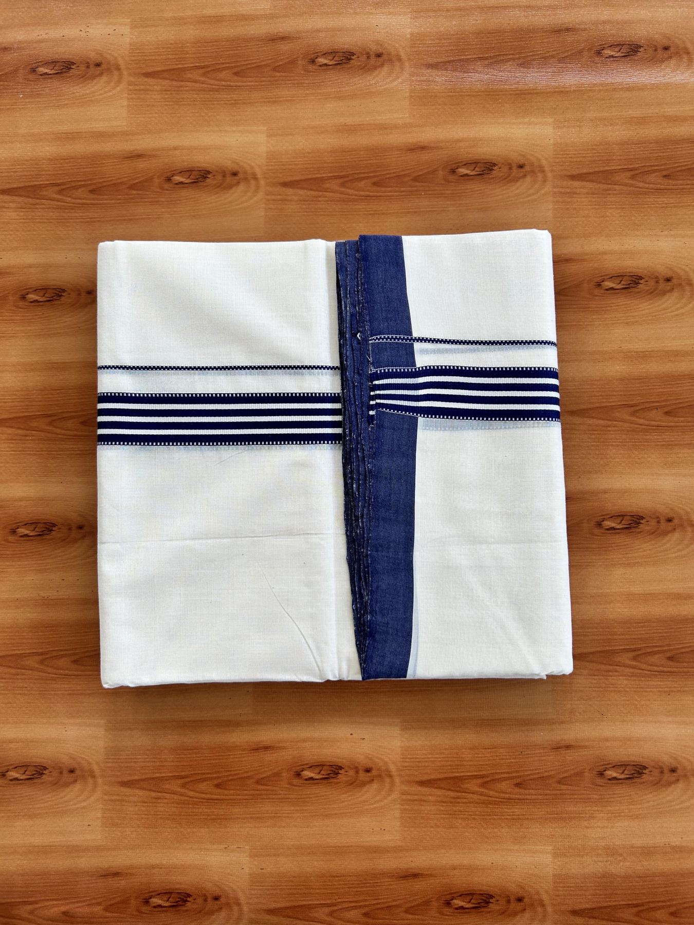 Double Off White (Unbleached) Mundu/Dhoti - 25% Discount!! KaithariKada Handloom Unakkupaav - Kerala Handloom - 100% Pure Cotton - 100x80 - 1.25 inch Navy Blue Striped Designer Kara 4 meter (8.5 muzham) - 31 KK5436 REA