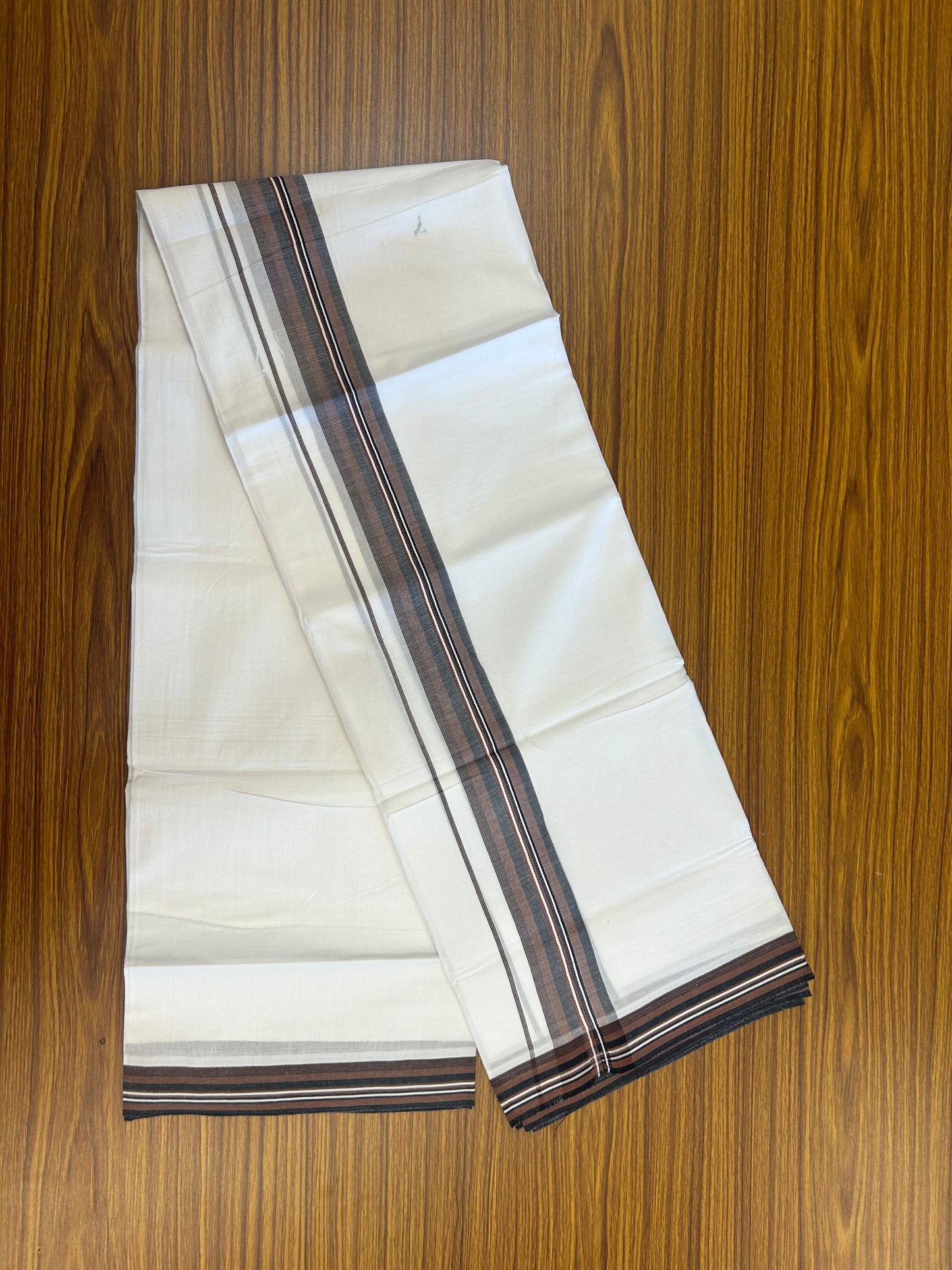 20% Discount ! Kaitharikada Balaramapuram 100% Cotton Pure White Double Mundu/Dothi - 100x80 - 1.75 inch Walnut Brown & Black Shaded Striped Kara 3.80 mtr (8 muzham) - 10 KK5359 THI