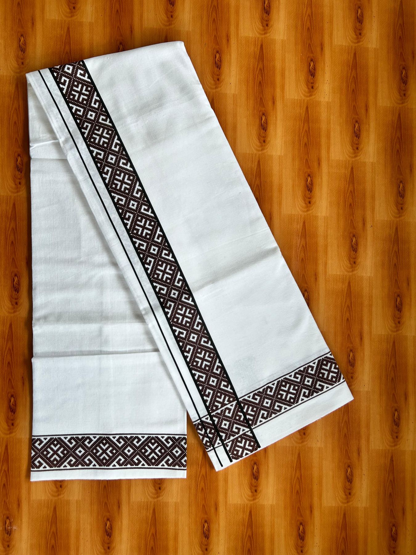 Single White Kerala Mund Polyster Mixed Cotton - (20s) - Kaily / Lungi - 2 inch Black & Brown Printed Kara (2 meter / 4 muzham) - 15 KK8070 GAN