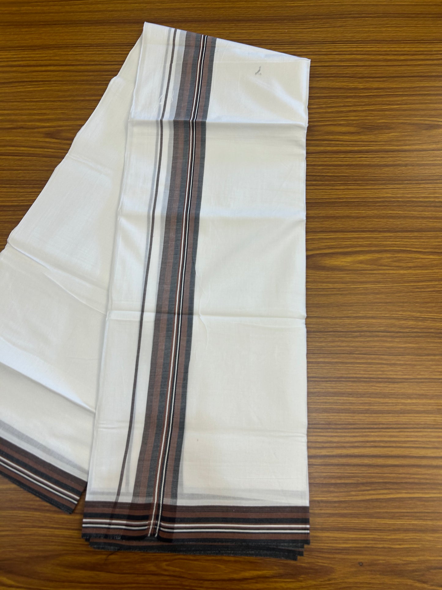 20% Discount ! Kaitharikada Balaramapuram 100% Cotton Pure White Double Mundu/Dothi - 100x80 - 1.75 inch Walnut Brown & Black Shaded Striped Kara 3.80 mtr (8 muzham) - 10 KK5359 THI