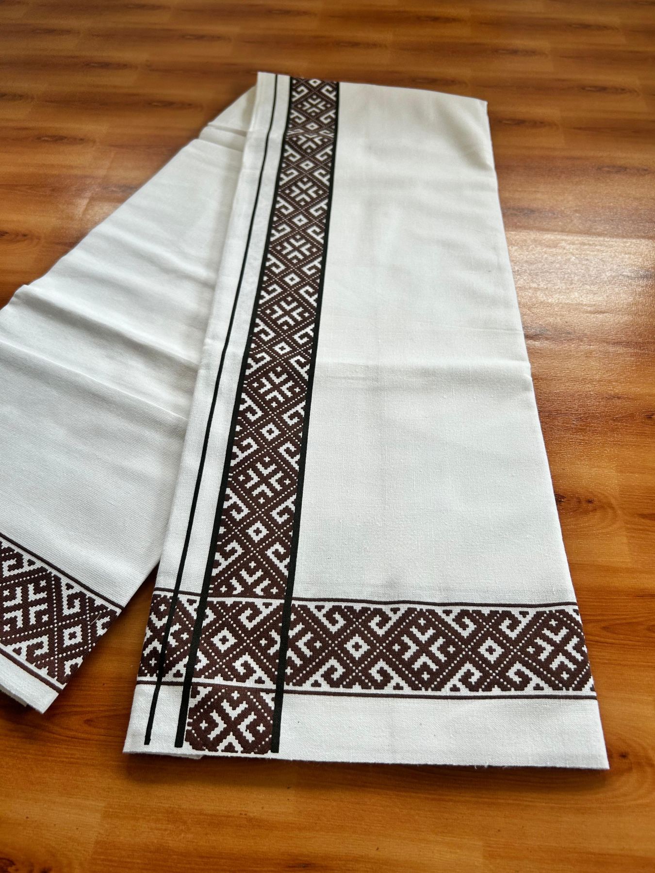 Single White Kerala Mund Polyster Mixed Cotton - (20s) - Kaily / Lungi - 2 inch Black & Brown Printed Kara (2 meter / 4 muzham) - 15 KK8070 GAN