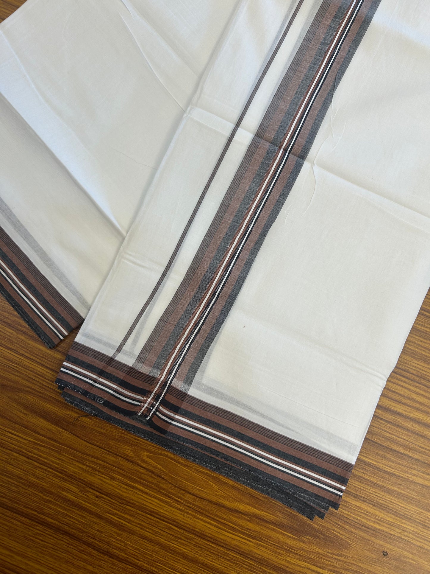 20% Discount ! Kaitharikada Balaramapuram 100% Cotton Pure White Double Mundu/Dothi - 100x80 - 1.75 inch Walnut Brown & Black Shaded Striped Kara 3.80 mtr (8 muzham) - 10 KK5359 THI