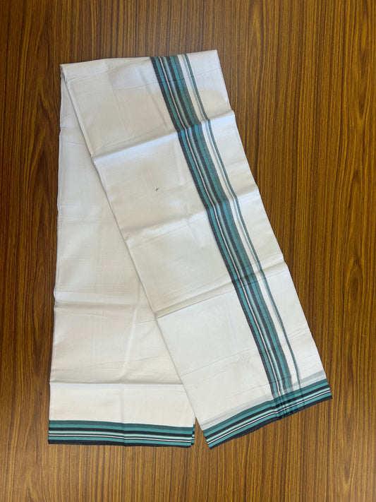 20% Discount ! Kaitharikada Balaramapuram 100% Cotton Pure White Double Mundu/Dothi - 100x80 - 1.5 inch Turquoise & Black Shaded Striped Kara 3.80 mtr (8 muzham) - 12 KK5359 THI