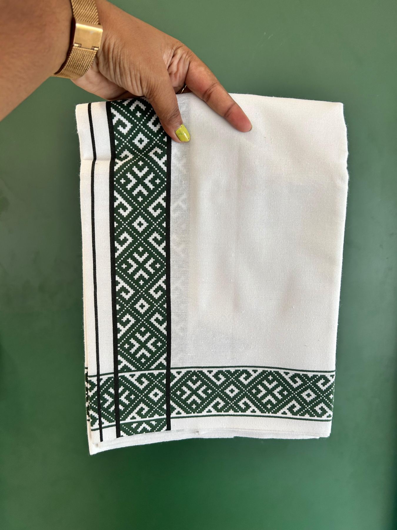 Single White Kerala Mund Polyster Mixed Cotton - (20s) - Kaily / Lungi - 2 inch Black & Green Printed Kara (2 meter / 4 muzham) - 16 KK8070 GAN