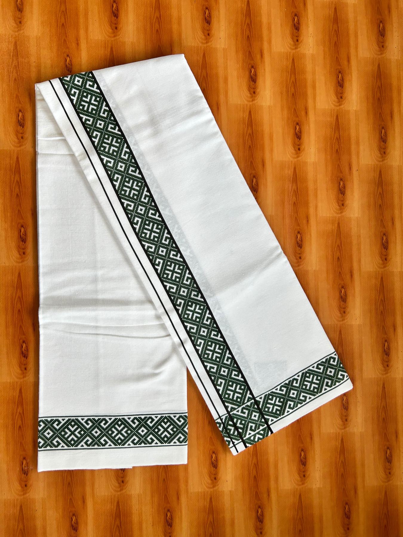 Single White Kerala Mund Polyster Mixed Cotton - (20s) - Kaily / Lungi - 2 inch Black & Green Printed Kara (2 meter / 4 muzham) - 16 KK8070 GAN